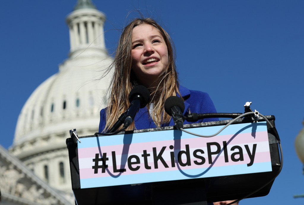 Rebekah Bruesehoff, a transgender student athlete, speaks at a press conference on LGBTQI+ rights, at the U.S. Capitol on March 08, 2023 in Washington, DC. ​