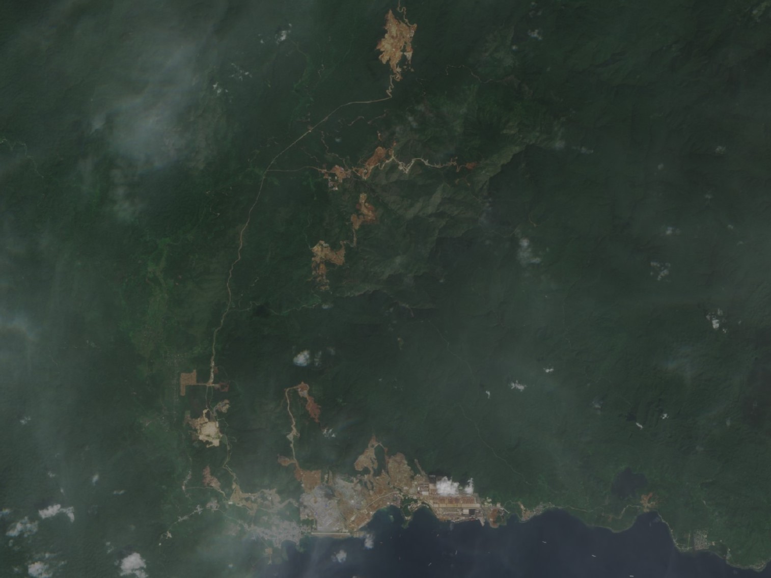 Weda Bay Nickel's mining operations extending into the interior forests populated with members of the O Hongana Manyawa tribe on central Halmahera in Northern Maluku province, Indonesia on December 26, 2022. The mine is part of the Weda Bay Industrial Park. Photo: Satellite image from Sentinel 2.