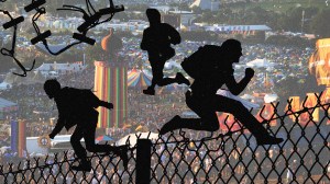 A collage of black shadow figures jumping over a wire fence, overlayed on a airial shot of Glastonbury, a busy scene full of camping tents and festival music tent