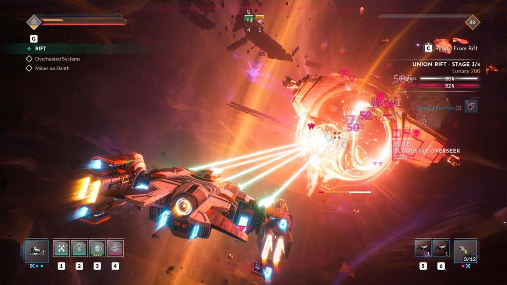 Screenshot from Everspace 2, a player ship fires four lasers towards an enemy, causing an explosion