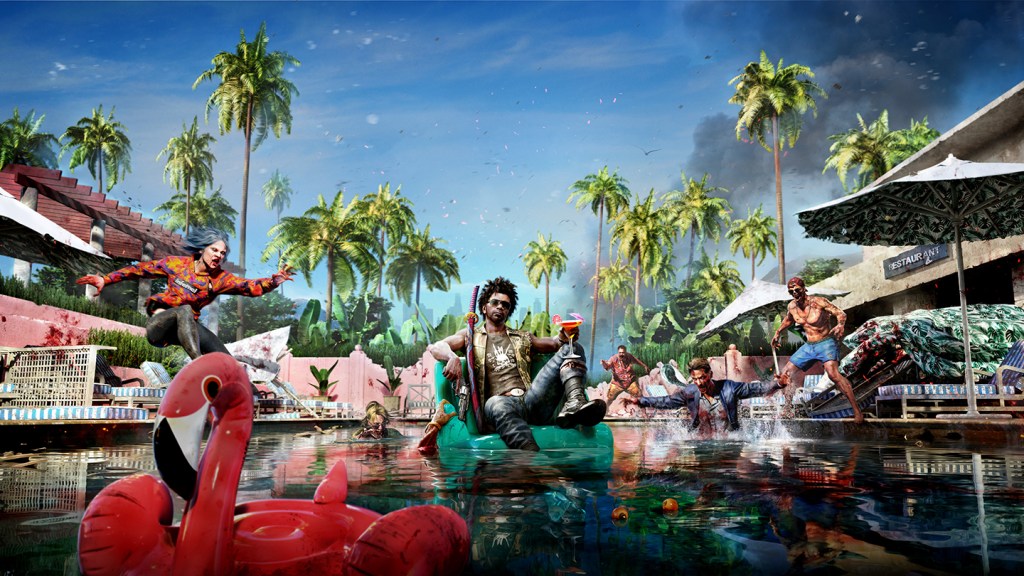 Keyart from Dead Island 2, a man floats on an inflatable pool chair as zombies dive into the pool around him.