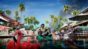 Keyart from Dead Island 2, a man floats on an inflatable pool chair as zombies dive into the pool around him.