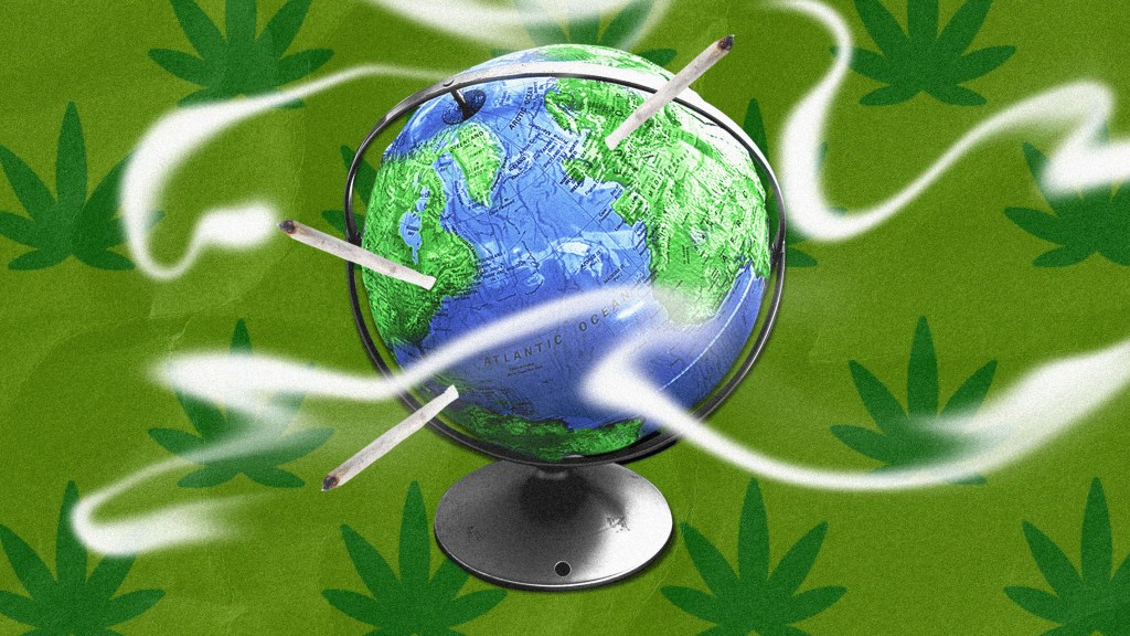 A collage of a globe with spliffs (smoking) sticking out of various countries, on green background with weed