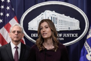 Administrator of the Drug Enforcement Administration (DEA) Anne Milgram (R) speaks as Attorney General Merrick Garland (L) looks on during a news conference at the U.S. Department of Justice headquarters April 14, 2023 in Washington, DC.