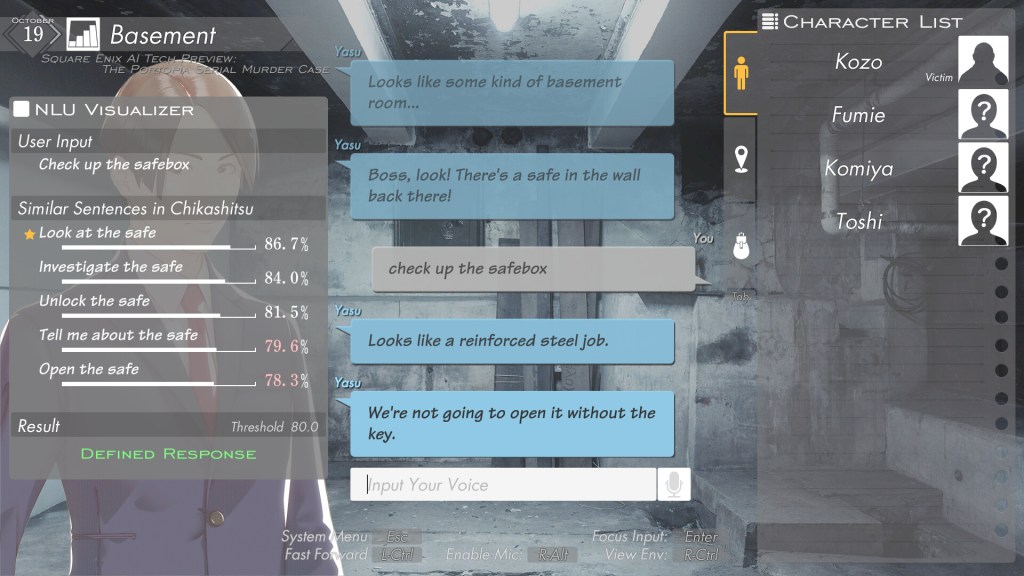 A chat log from 'The Portopia Serial Murder Case' depicting two characters discussing a safe. On the left side of the screen is a diagnostic, showing how the game is interpreting the player's commands.