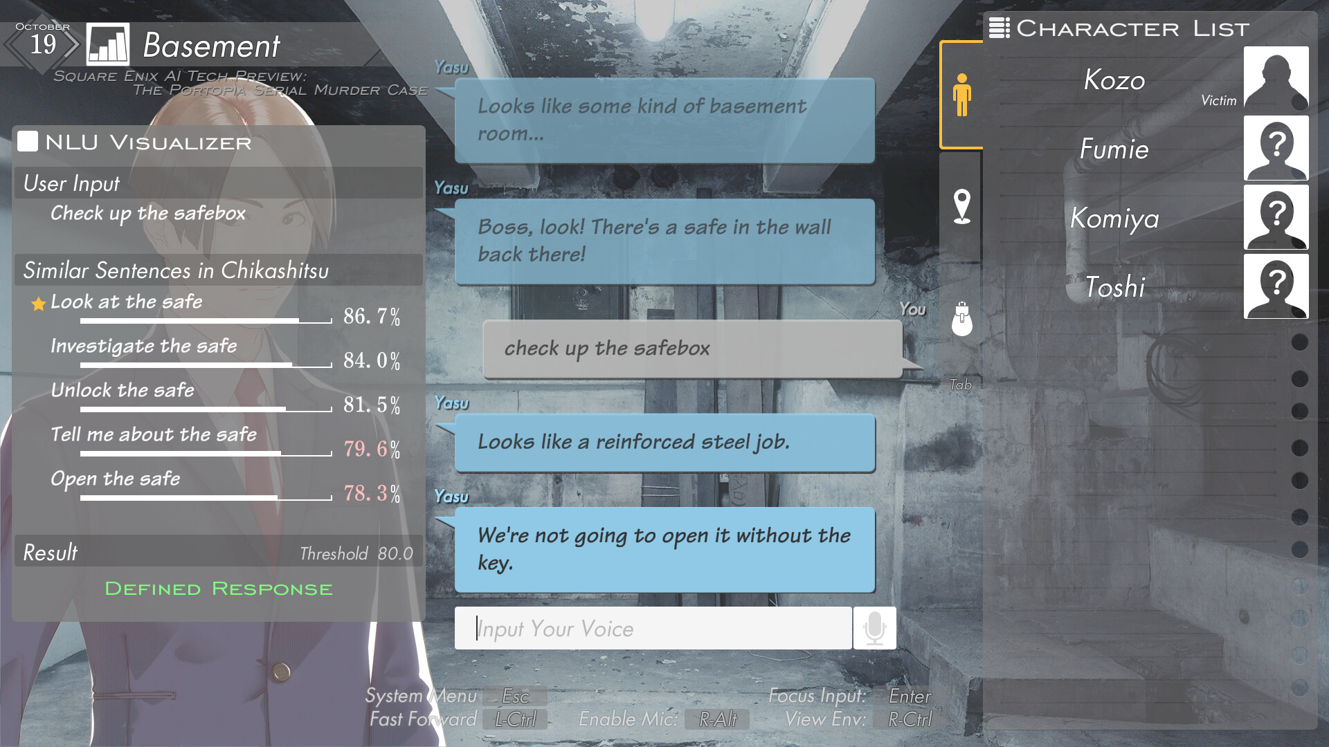 A screenshot of the Portopia serial murder case, depicting the player's input