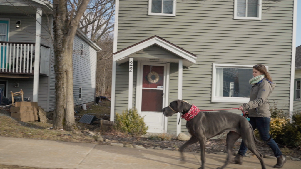 A woman walking her dog past a house.