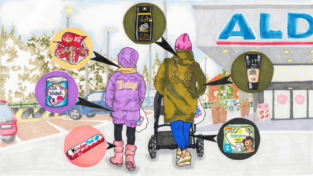 Shoplifting – illustration of a young girl and her mum pushing a stroller in an Aldi parking lot with thought bubbles picturing items they want, including snacks, makeup and diapers.