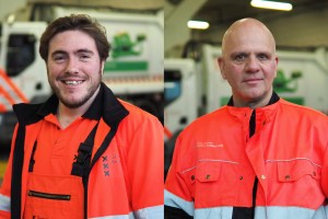 garbage collectors - portraits of two white man, one with brown hair and a beard and the other one is bald. They both wear a fluo orange and reflective uniform.