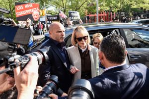 Author E. Jean Carroll arrives to federal court in New York, US, on Tuesday, April 25, 2023. The trial of a civil suit by Carroll, who claims Donald Trump raped her in the 1990s, is set to start today