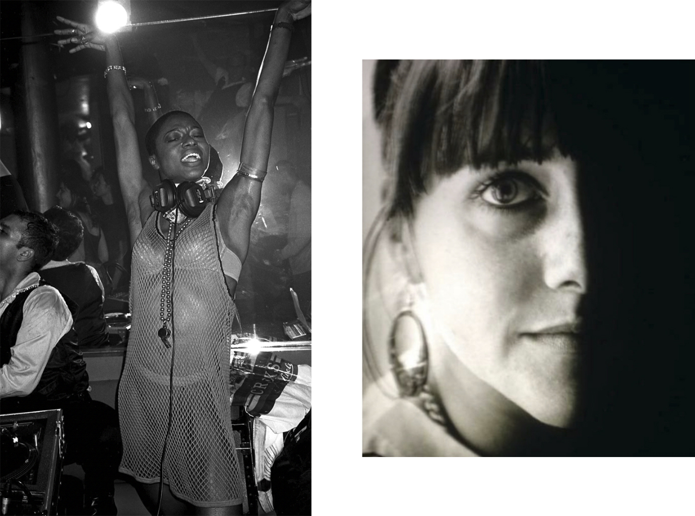 Left image shows DJ Paulette in a mesh shirt with earphones around her neck, she's extending both her arms out to the air and her eyes are closed. The right image is a close-up portrait of Tracey Donnelly.