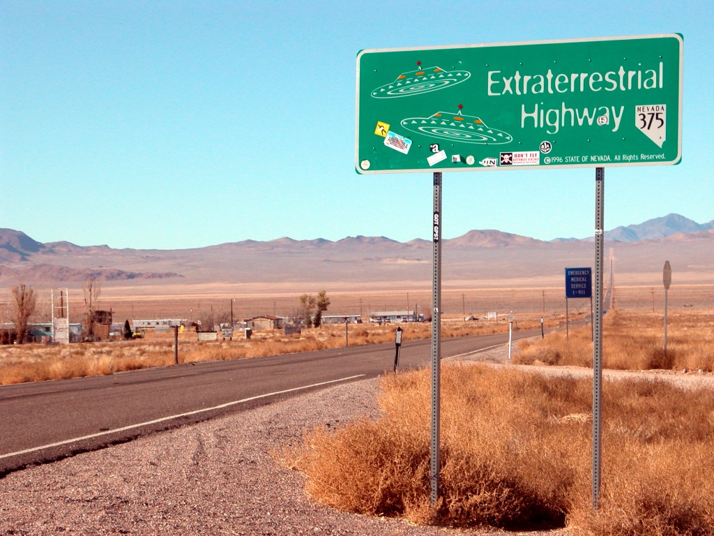 A sign on a desert road in Nevada reading "Extraterrestrial Highway"