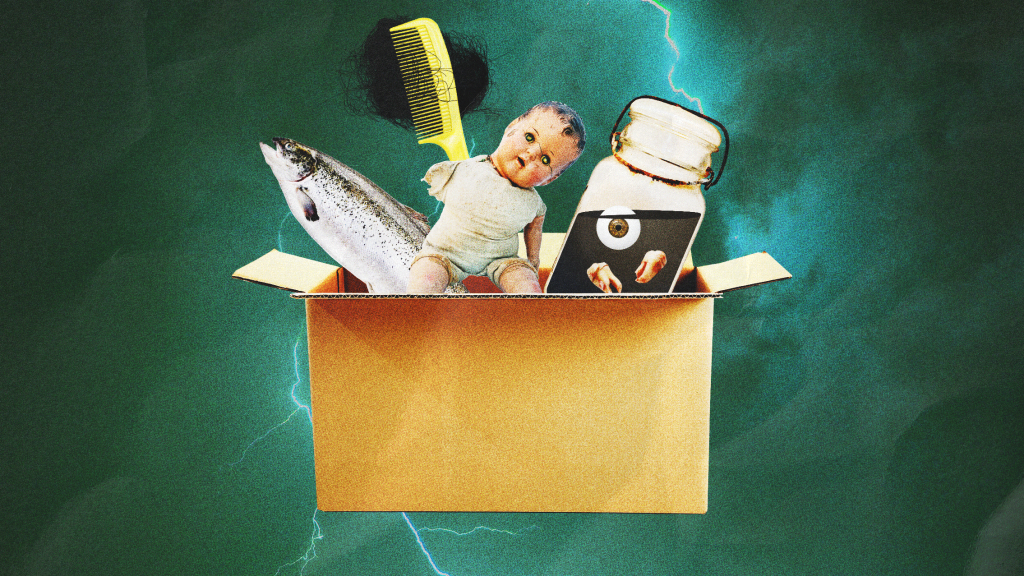 A collage of a brown box with objects poking out - a fish, a creepy babydoll, a comb with hair, a jar of eyeballs and teeth. The background is a dark green tinged night sky with lightening.