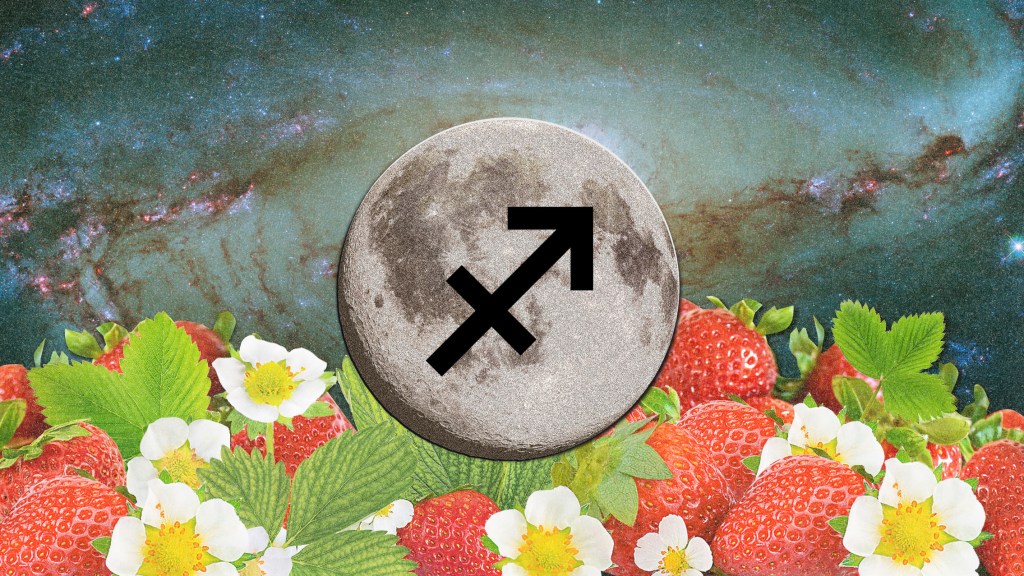 a collage representing the full strawberry moon in sagittarius