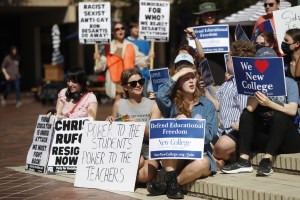 Students participate in a Defend New College protest in Sarasota, Florida, US, on Tuesday, Jan. 31, 2023.