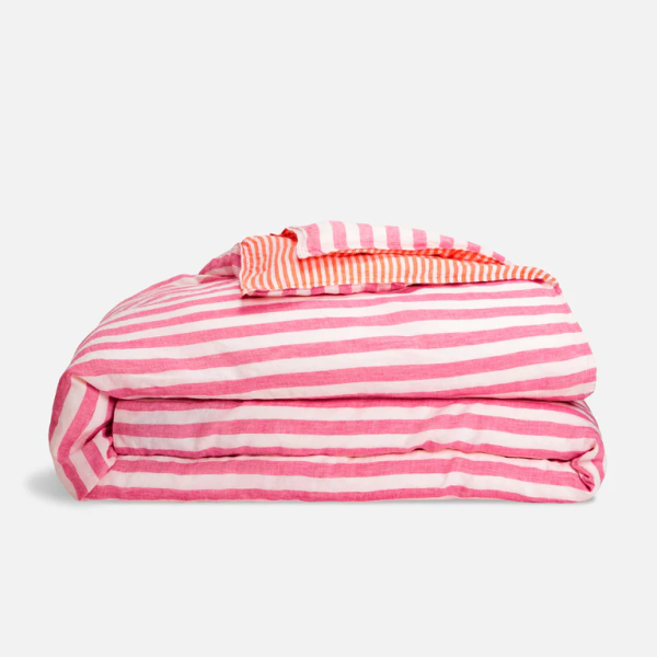 Linen Duvet Cover in Tangerine Fuchsia Stripe