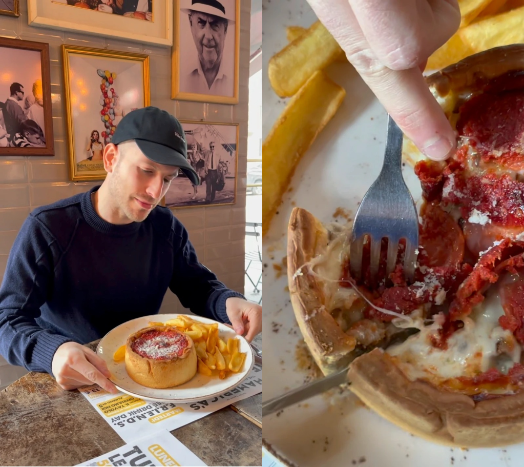 Chicago style deep dish pizza - on the left: a man eating a pizza with fries. He's wearing a black cap and blue jumper and there are frames with photos in the background. On the right: a hand cutting a cheesy pizza with a knife and fork. There are fries o