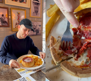 Chicago style deep dish pizza - on the left: a man eating a pizza with fries. He's wearing a black cap and blue jumper and there are frames with photos in the background. On the right: a hand cutting a cheesy pizza with a knife and fork. There are fries o