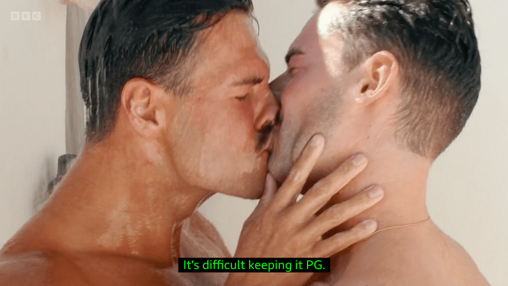 Two contestants on I Kissed a Boy kissing topless