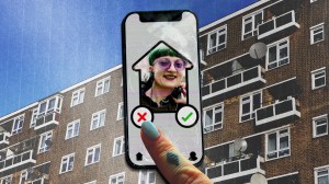 A collage of a block of flats, with a phone in front of a dating app profile of a gr