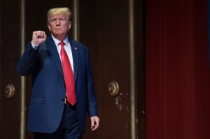 Republican presidential candidate former U.S. President Donald Trump gestures to the audience after delivering remarks June 10, 2023 in Greensboro, North Carolina.