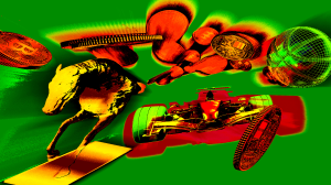 An illustration of a racing car, racing horse, coinsm basketball and various sports equipment racing towards the viewer. The colours are edited red green and yellow.