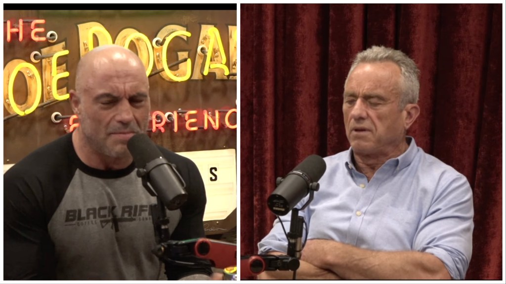 Kennedy and Rogan making derp faces in front of a microphone