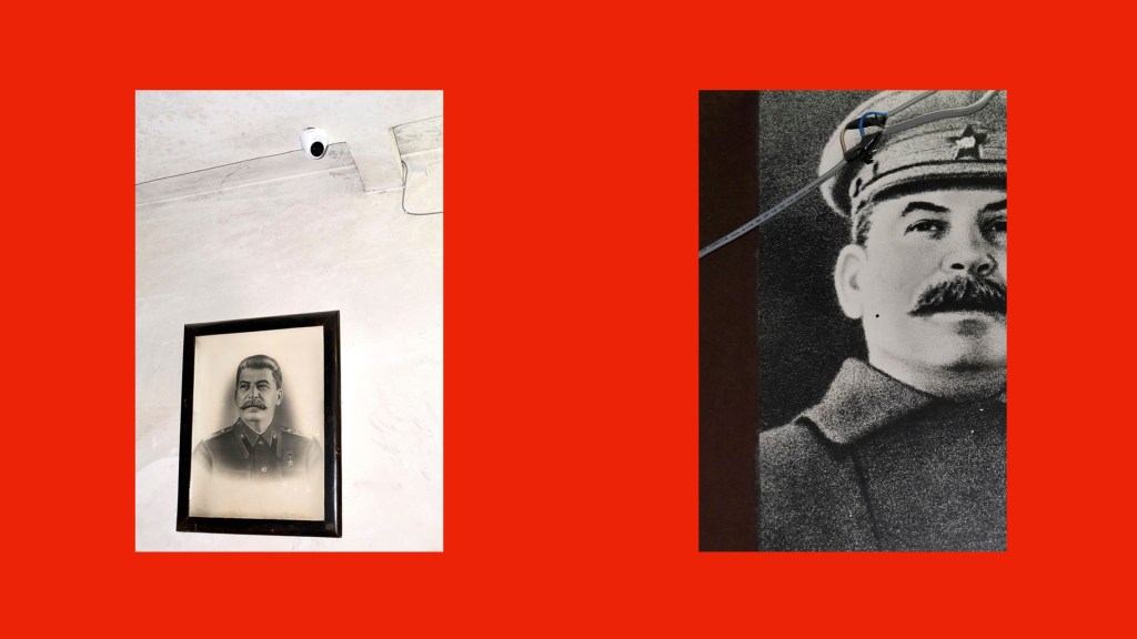 Thomas Driesen, Stalin Unglorified – Left: A framed picture of Stalin with a security camera overlooking in the exhibit.Right: a cropped black and white picture of Stalin.