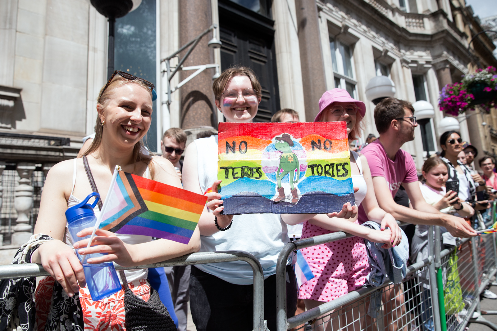 London Pride 2023: Marcher holds up sign reading No TERFs, no Tories