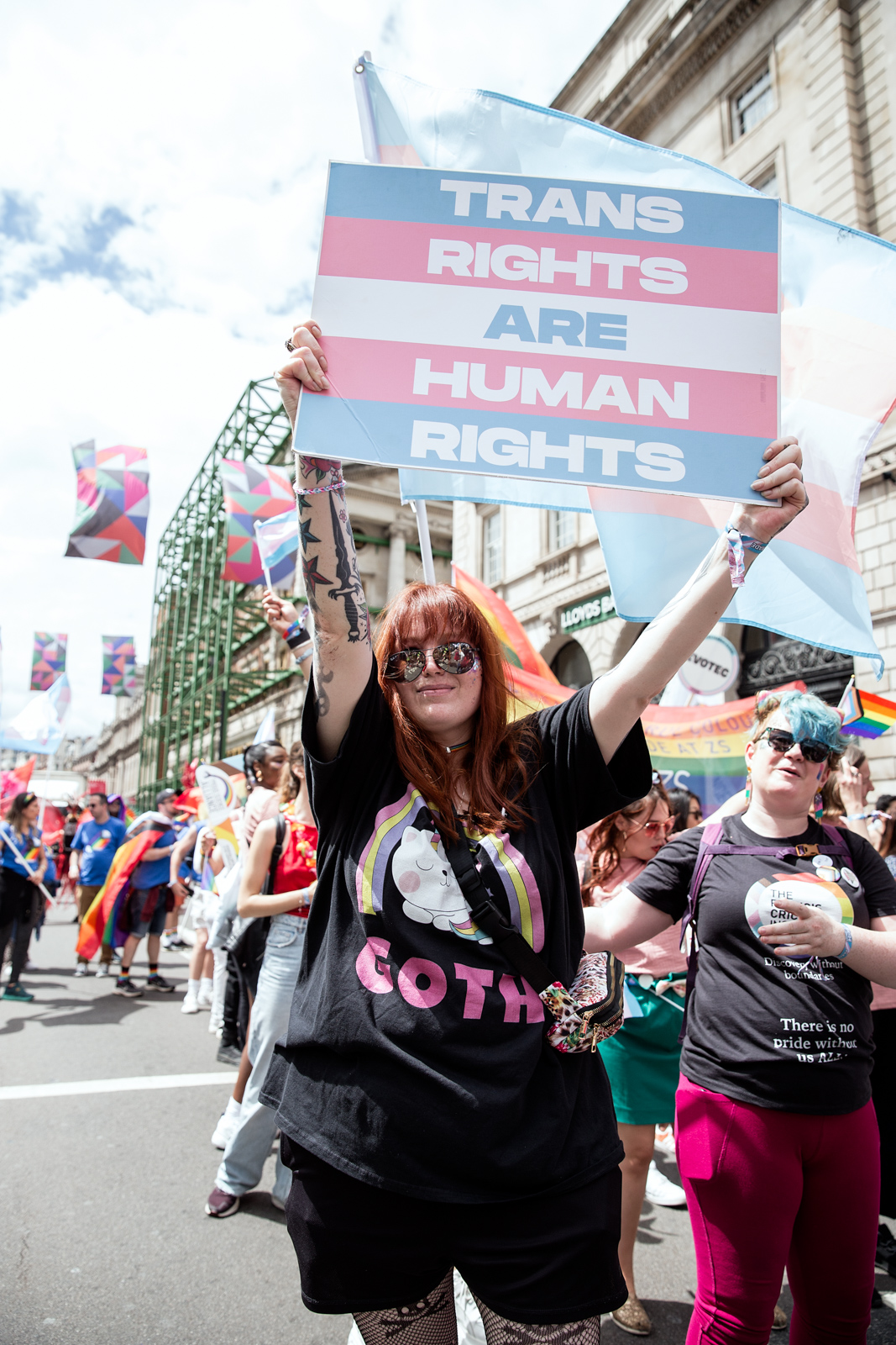 London Pride 2023: Marcher holds sign reading Trans Rights Are Human Rights