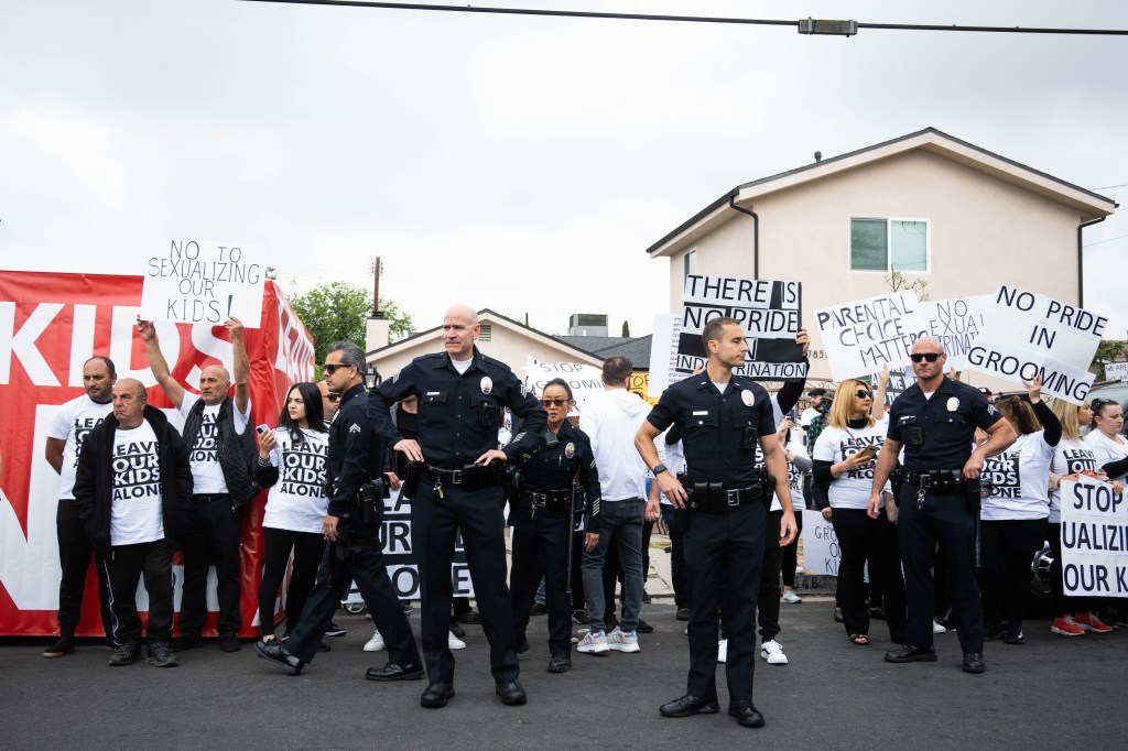 Armenian parents and their supporters protest a Pride assembly at Saticoy Elementary School in North Hollywood on Friday, June 2, 2023.