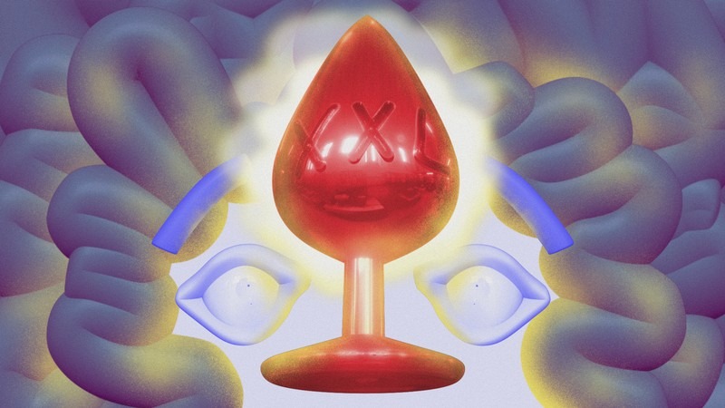 illustration of a red XXL butt plug which forms a face on a trippy shiny blue background