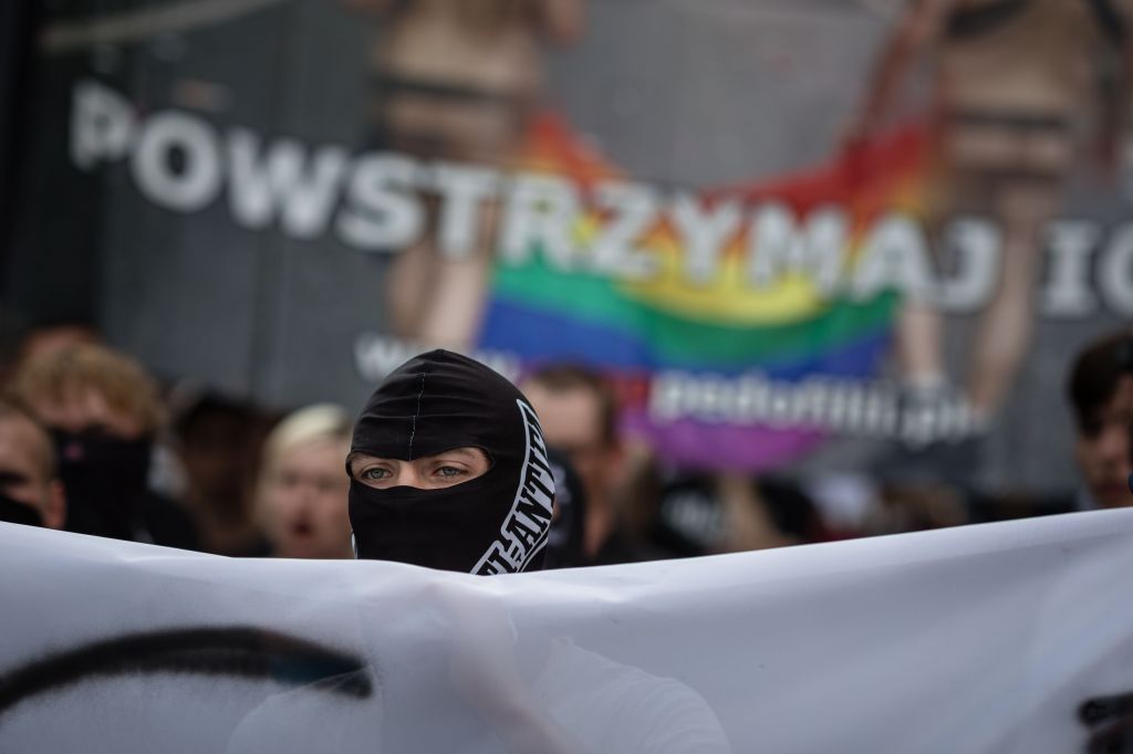 Right-wing extremists block pride parade in 2018 on the streets of Poznan.