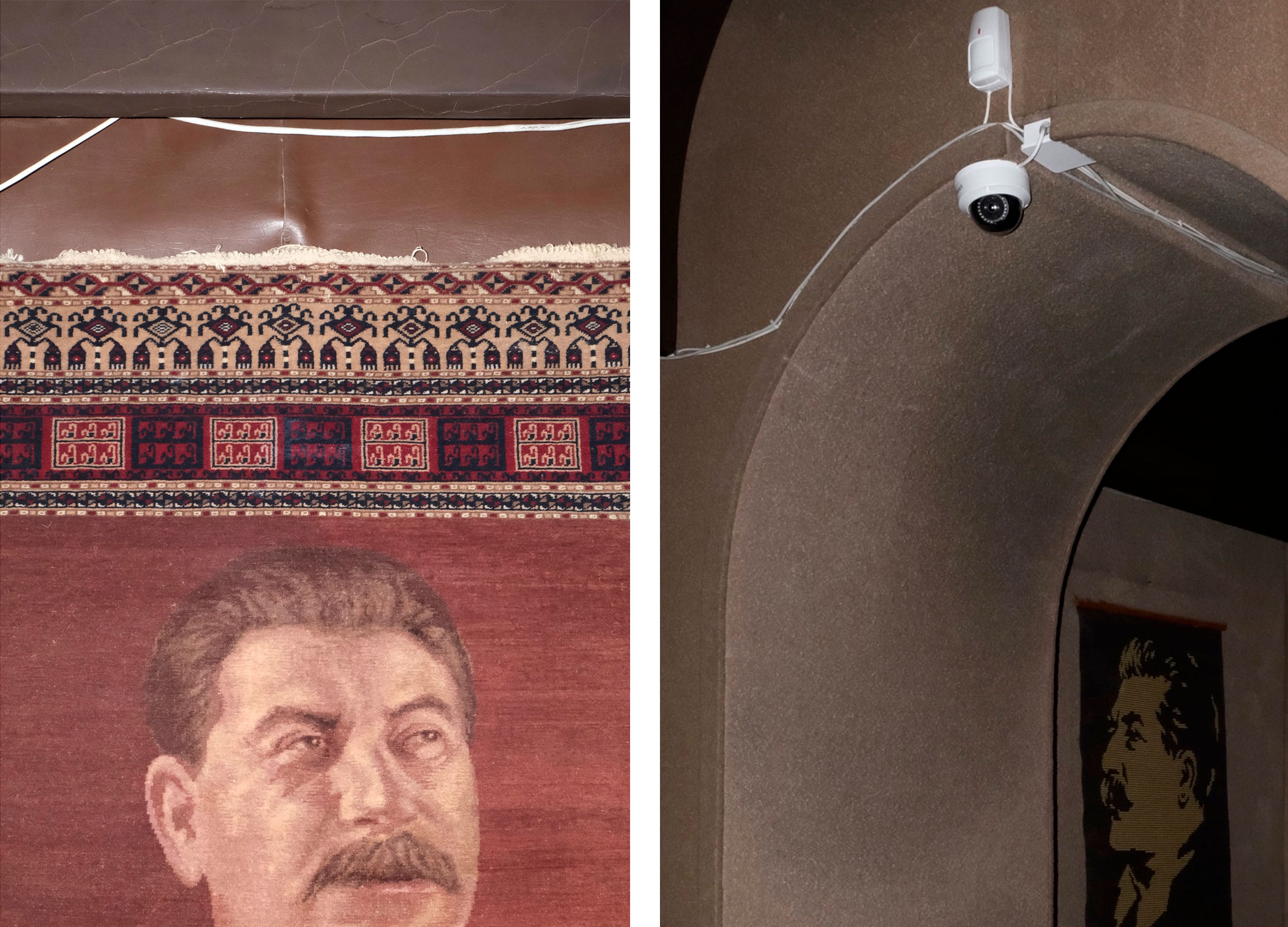 Thomas Driesen, Stalin Unglorified – left: tapestry with stalin's face on it. Right: an archway with a surveillance camera and stalin's portrait in the background