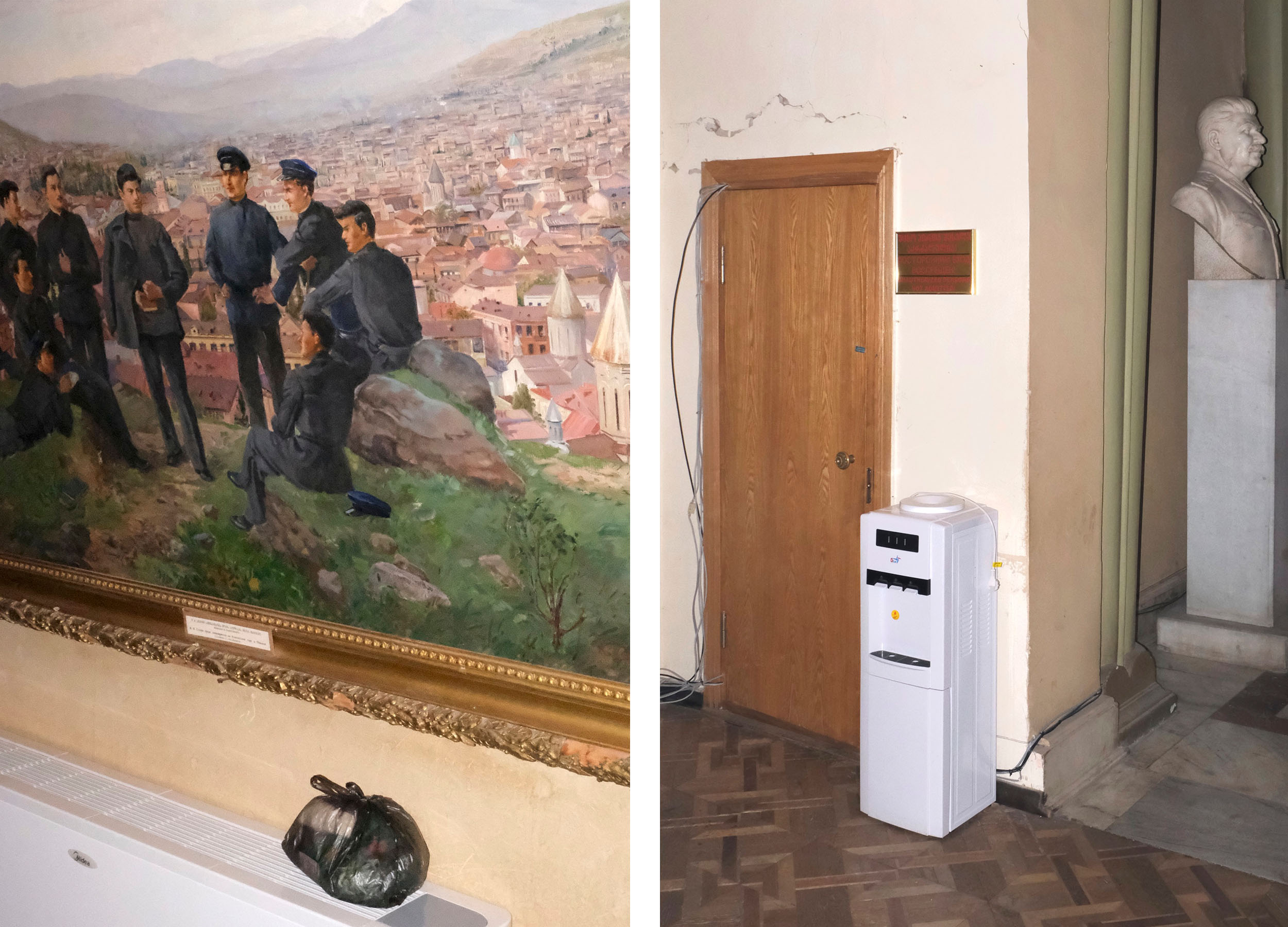 Thomas Driesen, Stalin Unglorified – Left: A small plastic back on a radiator under a picture of communist workers. Right: a door with a water fountain near stalin's bust.