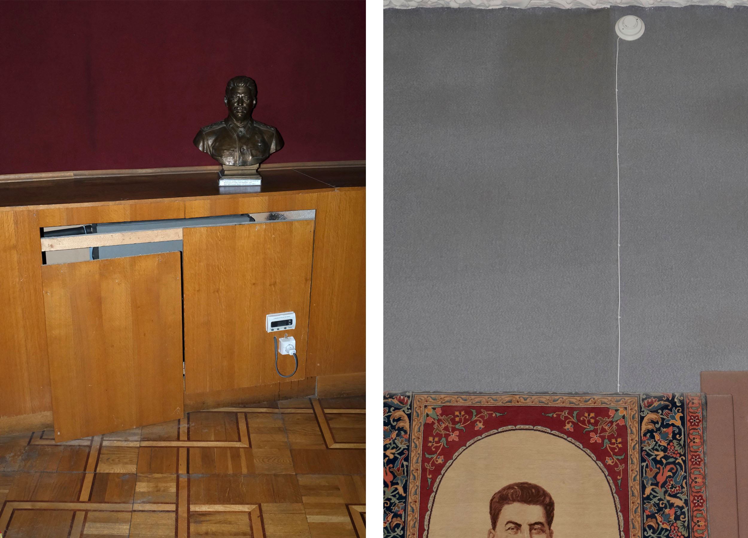 Thomas Driesen, Stalin Unglorified – Left: a broken cupboard under stalin's bust. Right: tapestry with half of stalin's face on it.