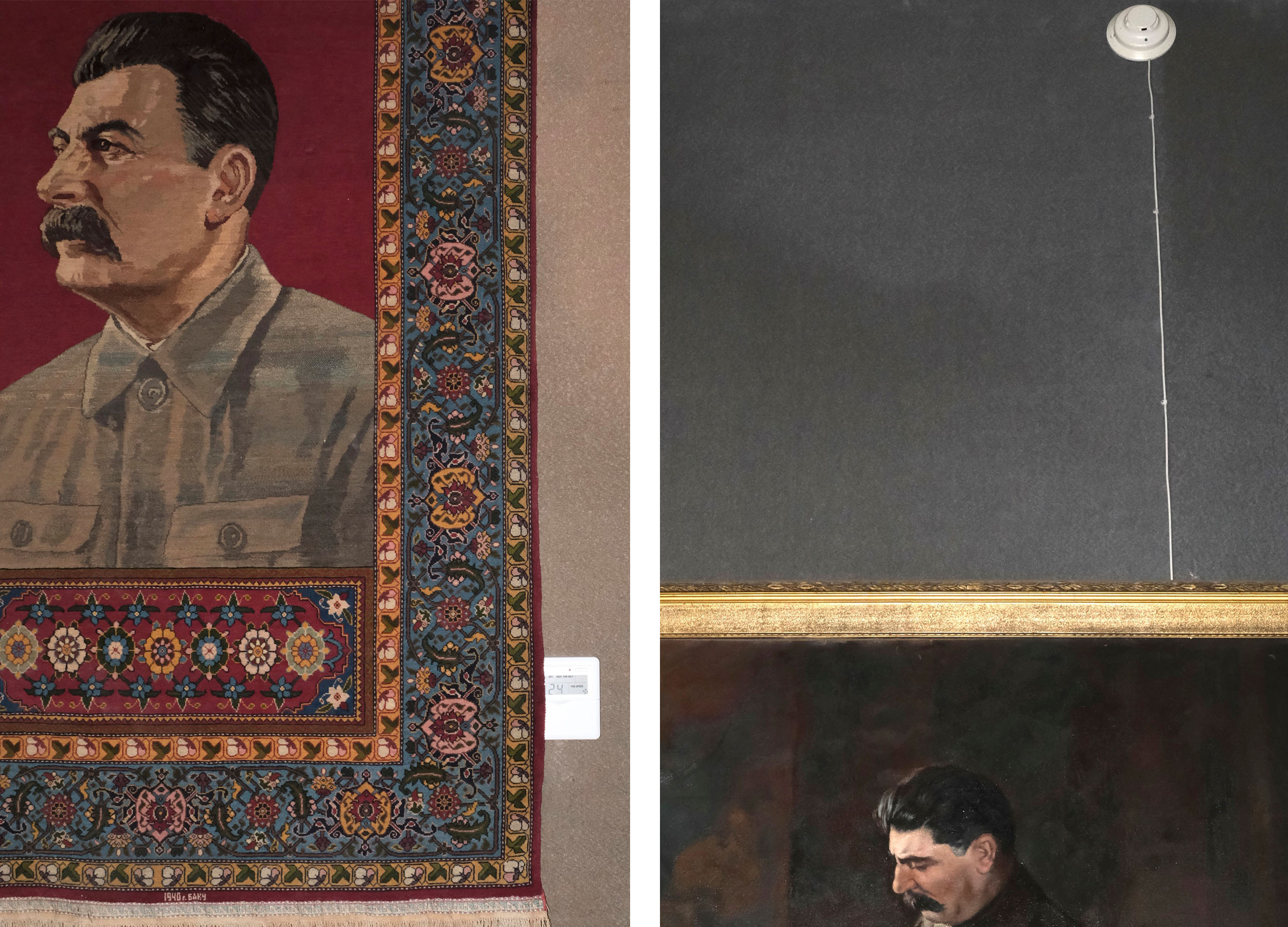 Thomas Driesen, Stalin Unglorified – left: apestry depicting stalin. Right: half cut-off portrait of stalin with a smoke detector above it.