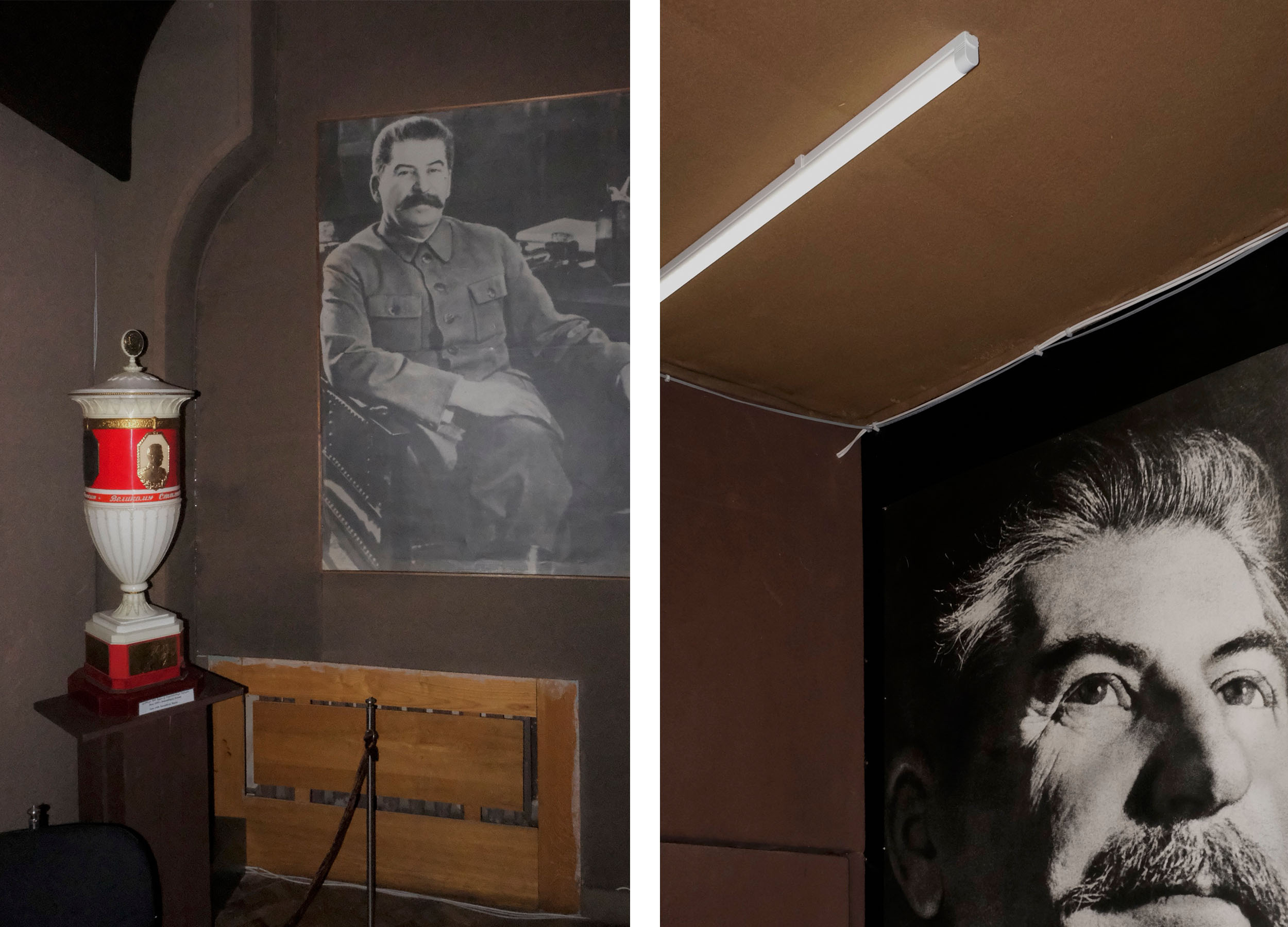 Thomas Driesen, Stalin Unglorified – Left: urn with stalin's face on it next to black and white picture of stalin. Right: black and white picture of stalin showing only part of his face and a bleak ceiling lamp