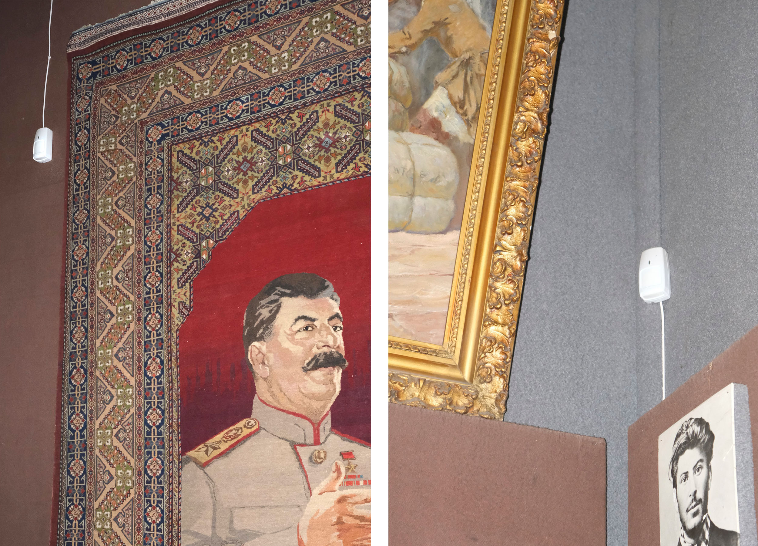 Thomas Driesen, Stalin Unglorified – Left: Stalin tapestry with a long cord next to it. Right: black and white picture of young stalin in a cramped corner with a security system above it.