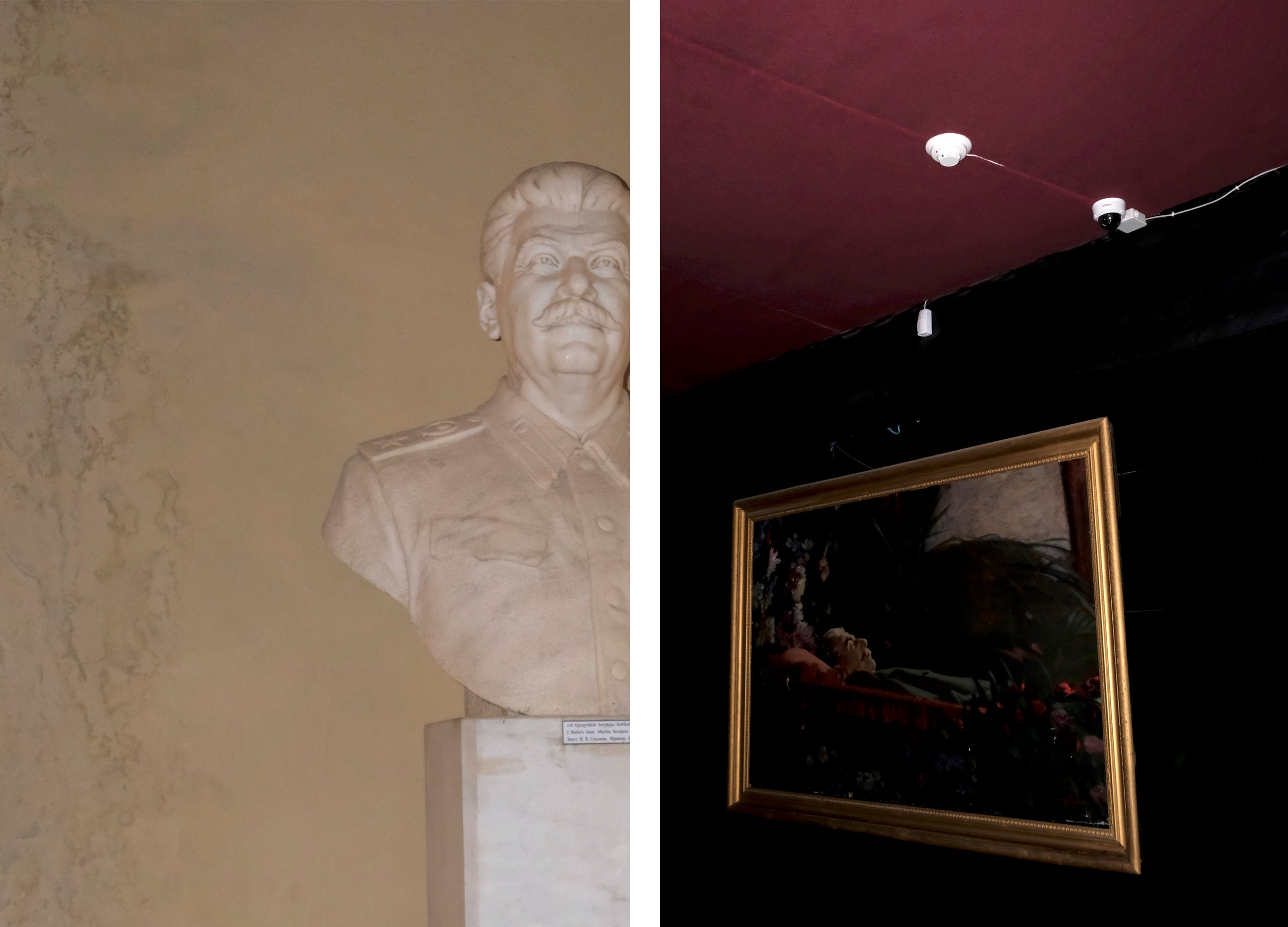 Thomas Driesen, Stalin Unglorified – left: Stalin marble bust decentralised and half cut off. Right: dark corner with a painting.