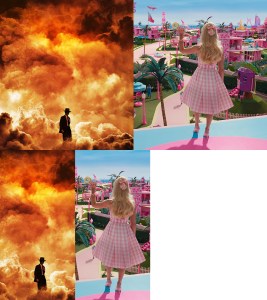 A photo of the film Oppenheimer - a man's siloutte in front of a huge explosion, next to an image of Barbie waving to Barbieland.