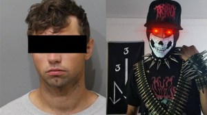 Links: Polizeifoto eines jungen Mannes, rechts: foto eines jungen Mannes mit Patronengürteln, Totenkopfmaske und rot leuchtenden Augen, mehrere Neonazis wurden in letzter Zeit mit Kinderporngrafie erwischt, der satanistische Order of Nine Angles könnte da