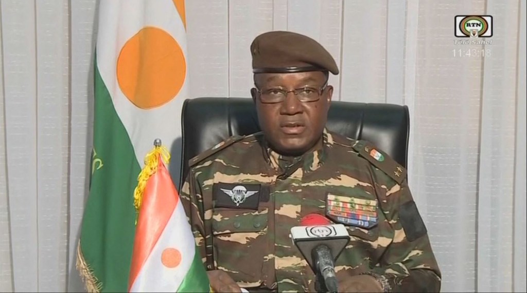 General Abdourahamane Tiani speaking on national TV.