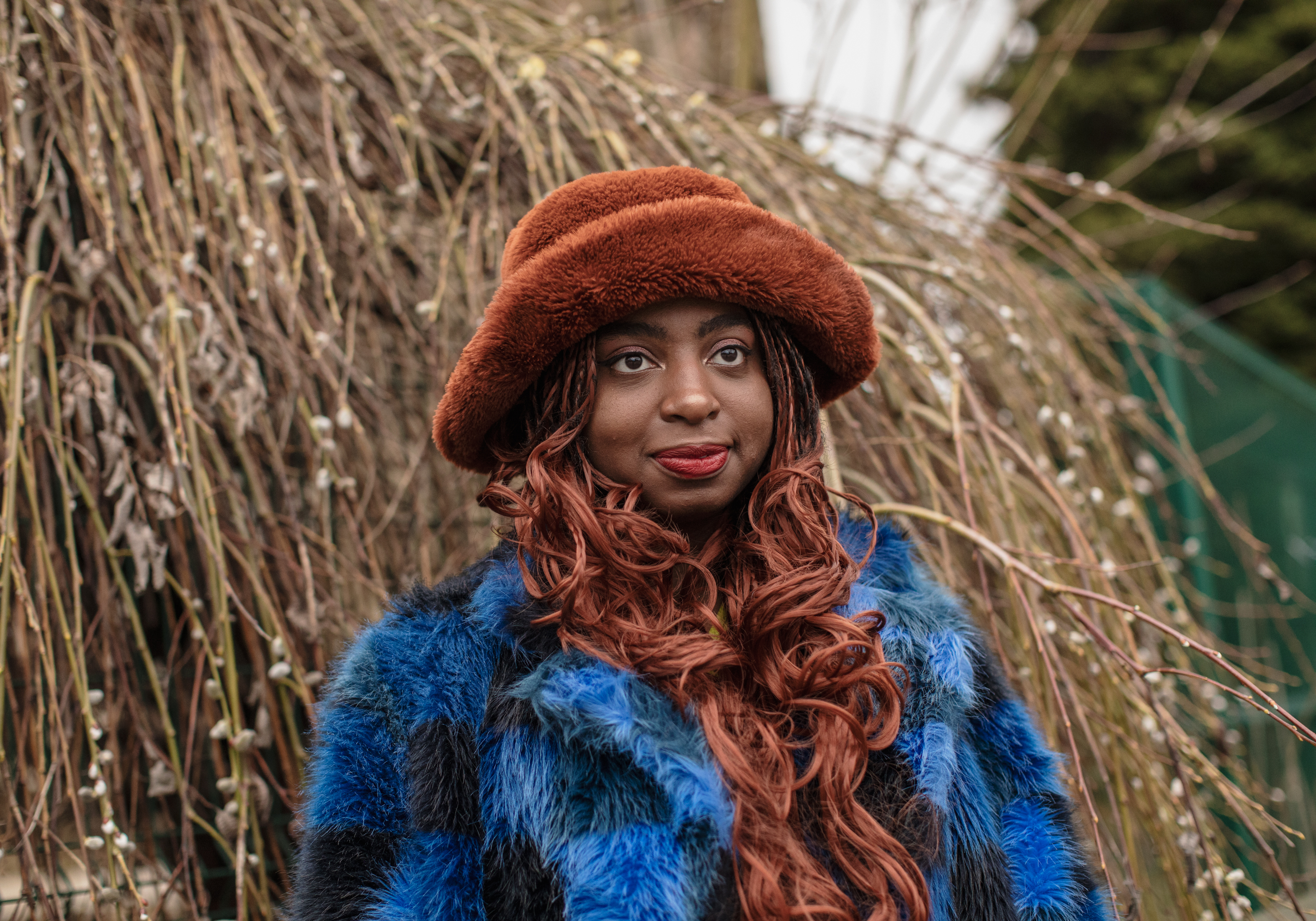 Manchester, UK: Kemi Alemoru in blue fur coat