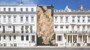 A photo of posh, whiKensington houses in London, one is blocked out by an image of crack.