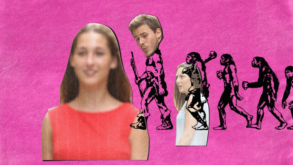 A collage of distracted boyfriend meme overlayed with an illustration of evolution from money to man.