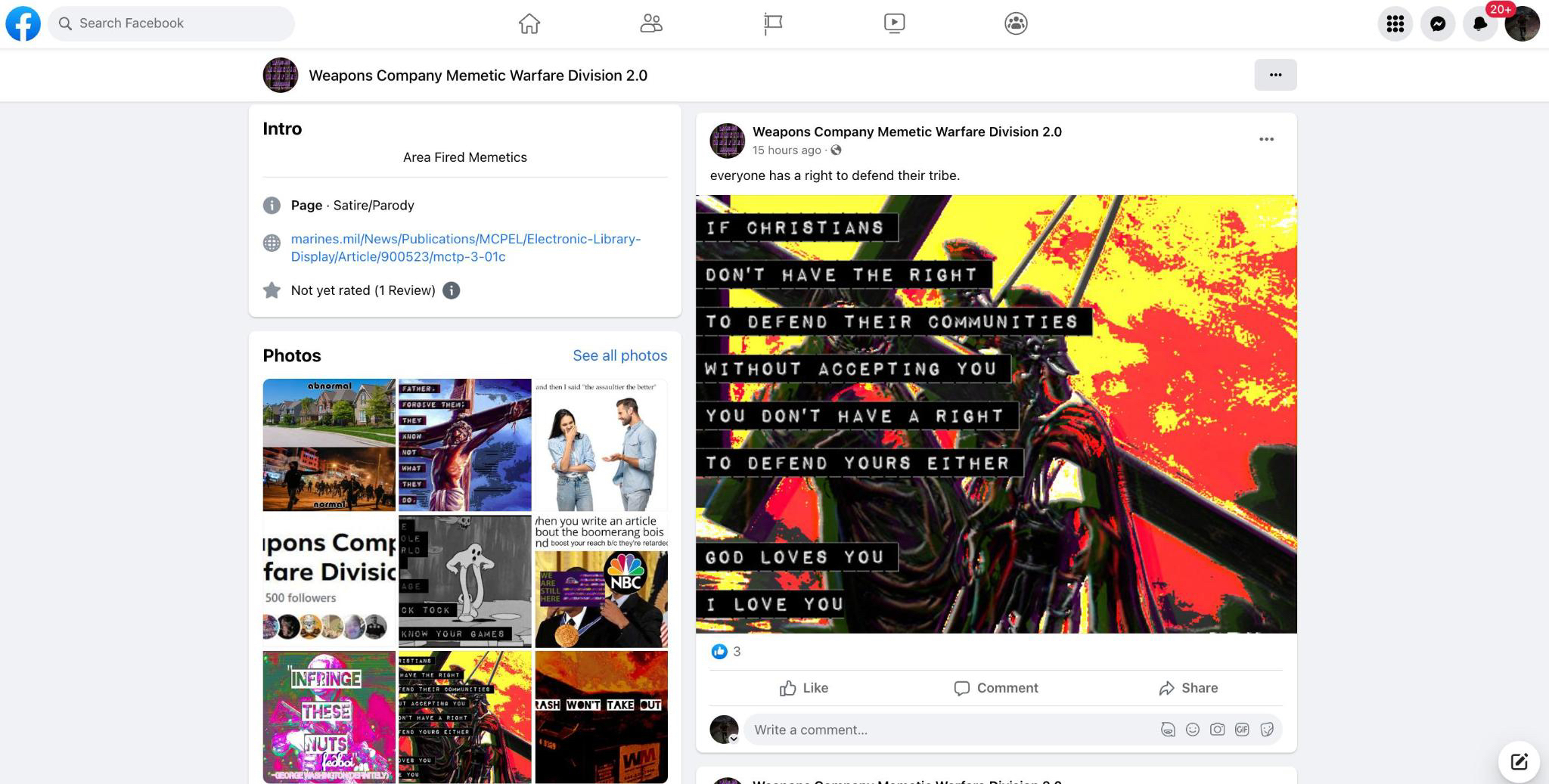 Screenshot of page showing Boogaloo and Christian nationalist crossover. (Courtesy of Katie Paul, executive director of the Tech transparency Project)