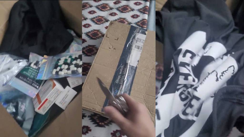 A member of a neo-Nazi Active Club found drugs at the bottom of a box he was supposed to deliver. (​Screenshots from obtained video)