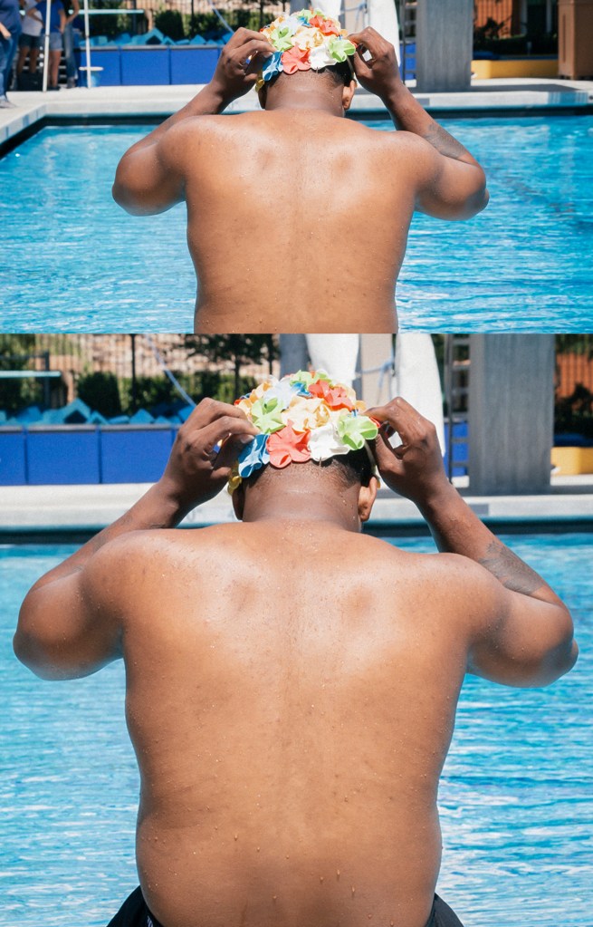 Topless man in front of swimming pool