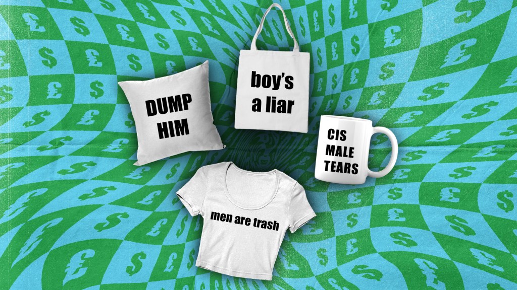 Een collage van merch met mannenhatende slogans op een achtergrond van dollar- en pondtekens